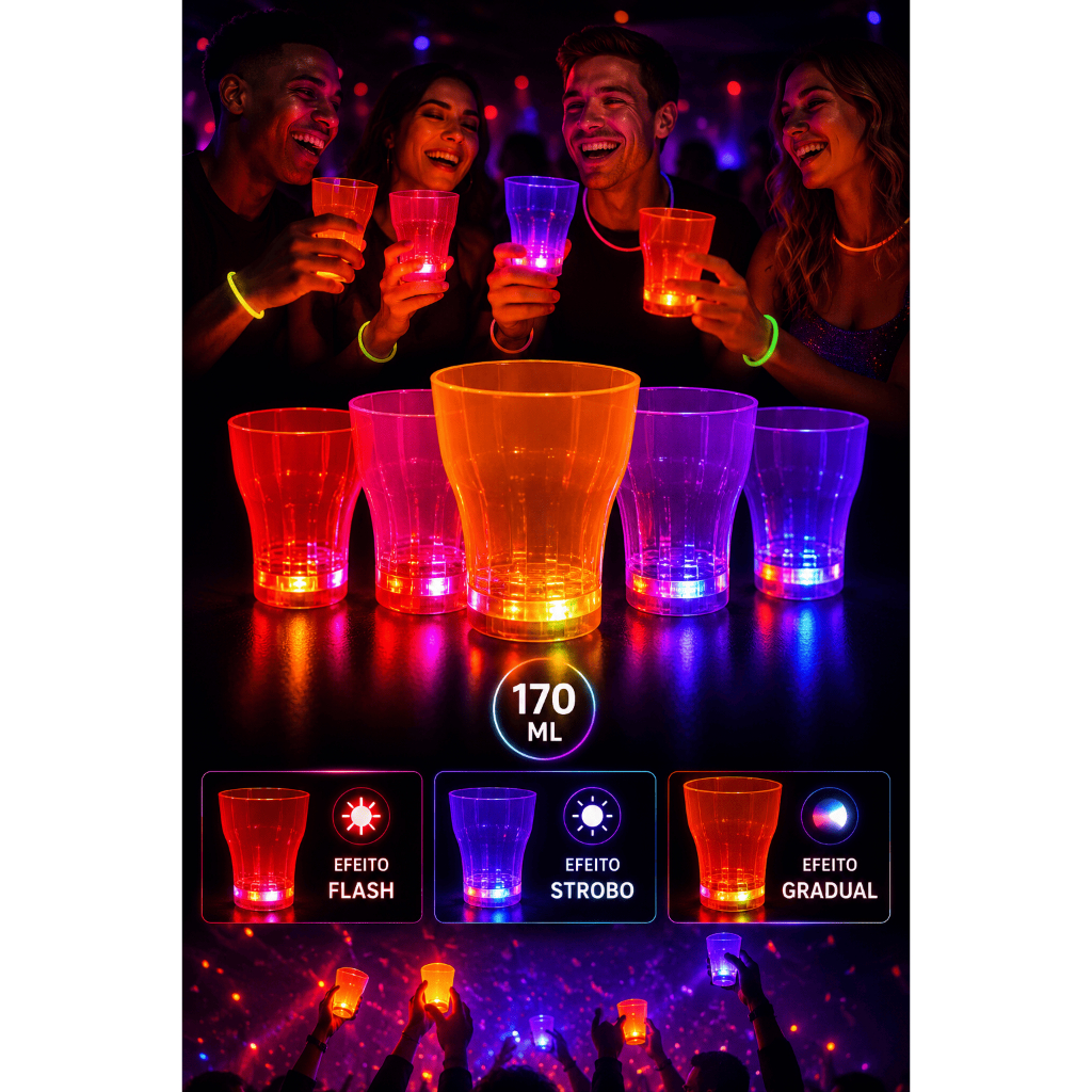 Copo Acrilico Colorido Pisca-Pisca Com Luz de Led Baladas Festas e Bares 200ML