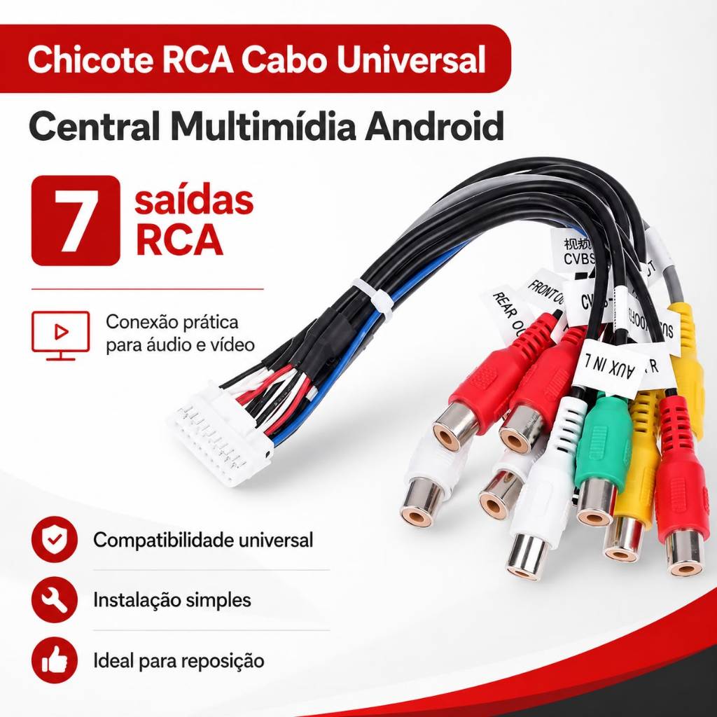 Chicote RCA Cabo Universal para Central Multimídia Android – 7 Saídas RCA