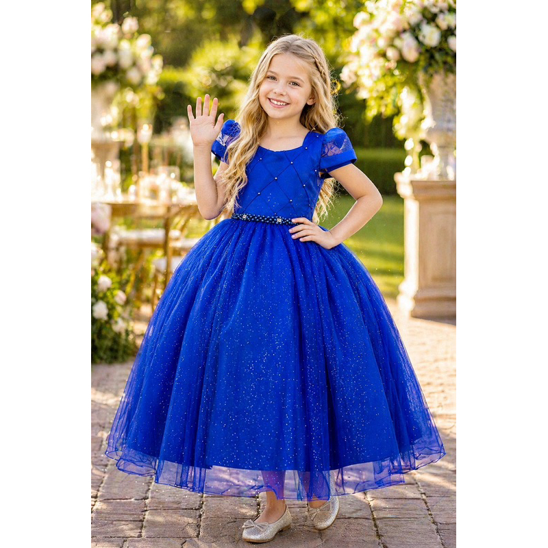 Vestido Infantil Longo Azul Royal C/ Busto Nervura Damas