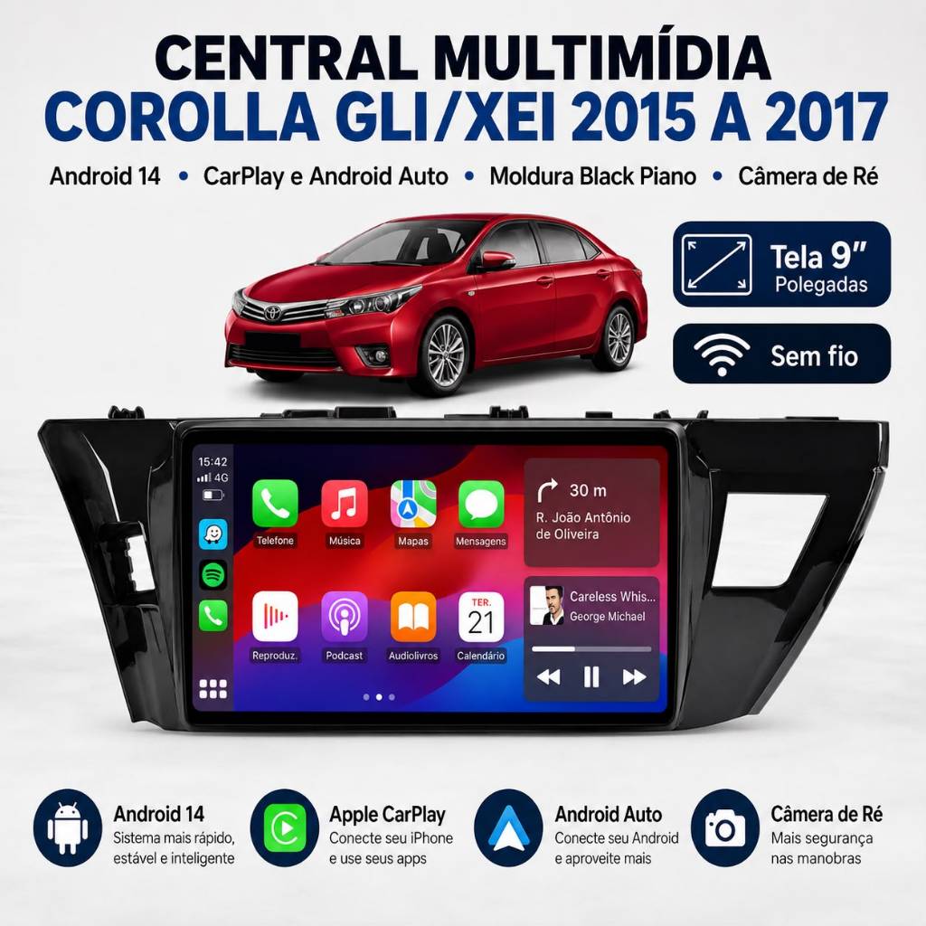 Central Multimídia 9” Toyota Corolla GLi/XEi 2015 a 2017 Android 14 CarPlay Android Auto + Moldura + Câmera de Ré