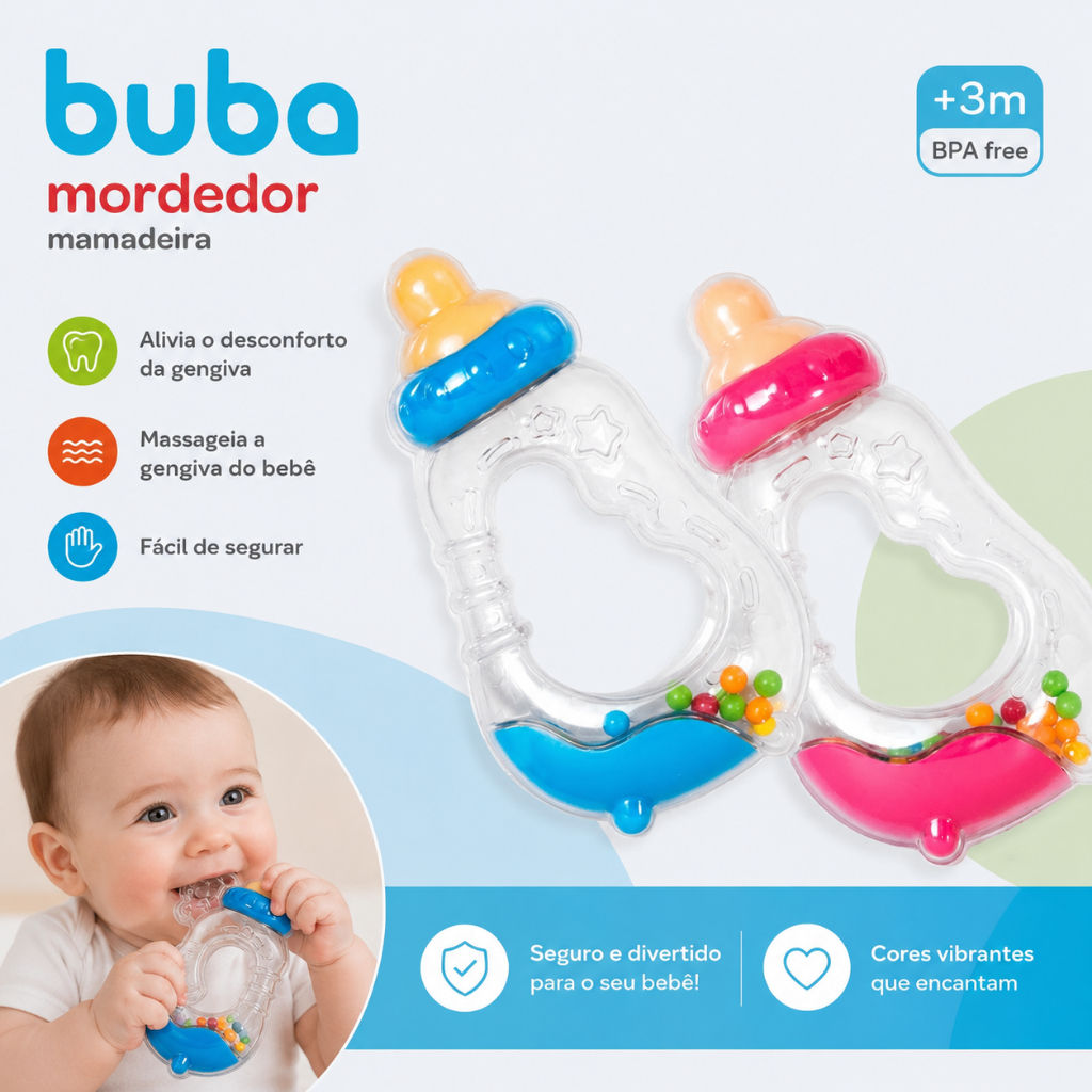 Mordedor Mamadeira com Chocalho Buba Brinquedo Alivia e Diverte o Bebê
