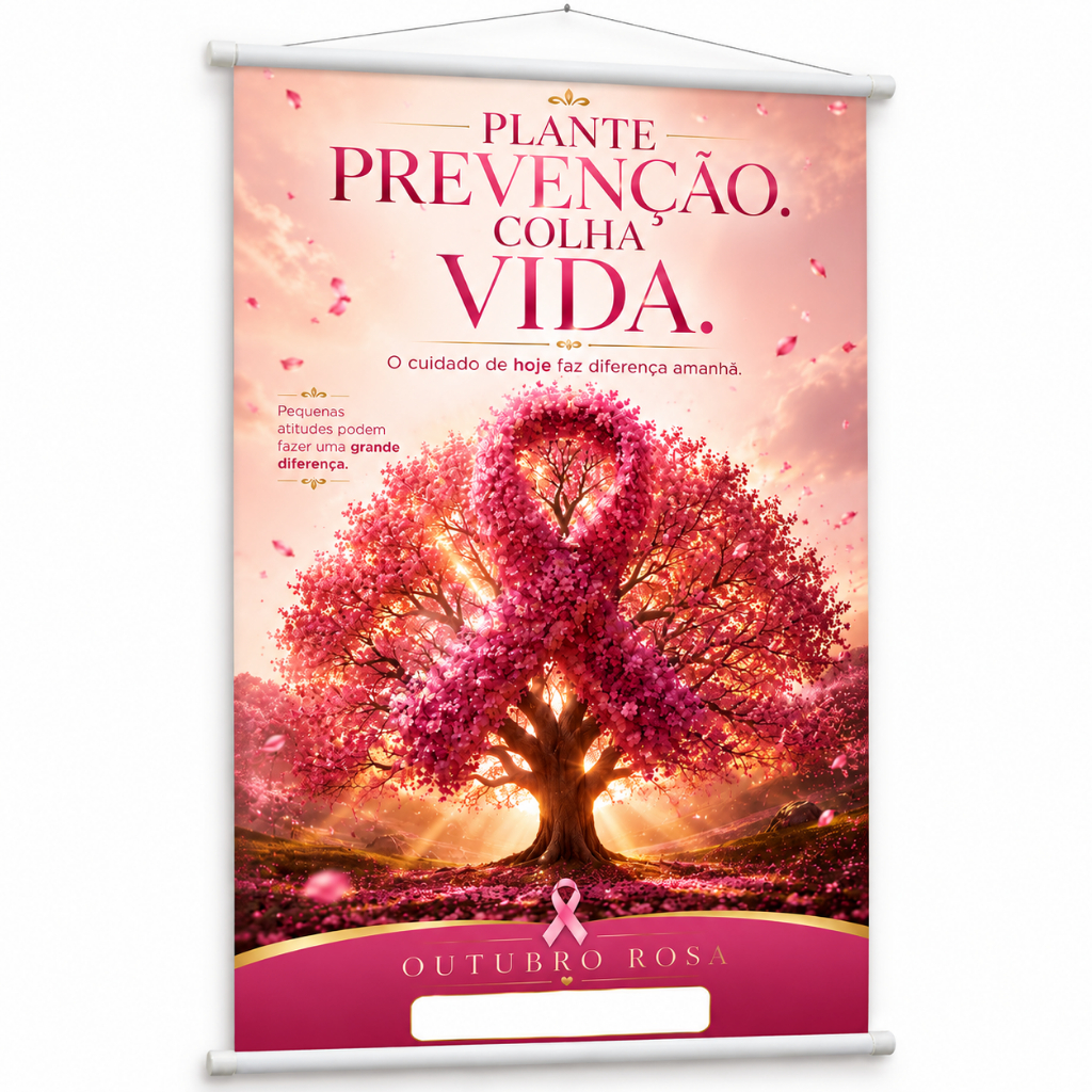 Banner Outubro Rosa Câncer De Mama Conscientização Saúde da Mulher produzido em lona. Cartaz Hospital Clínica Pub1106