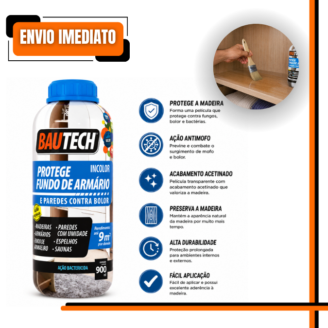 Protege Fundo de Armário Bautech 900ml Verniz Madeira Antimofo Proteção Móveis Decks