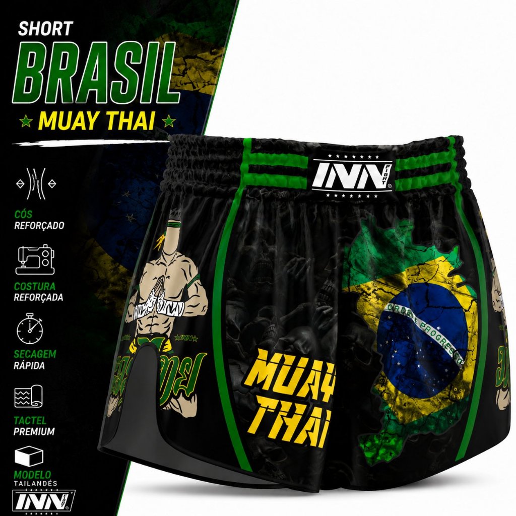Short Muay Thai UnissexTreino Kickboxing MMA Thai Boxe Caveira Brasil Adulto Premium