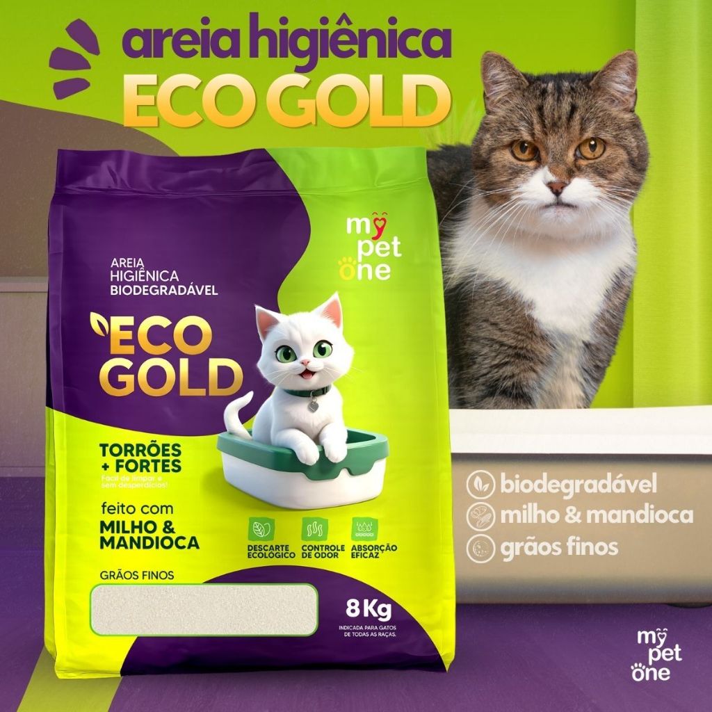 Kit 3 Areia Biodegradável Milho e Mandioca para Gatos Cat Bio Eco Gold Grãos Finos MyPetOne -24Kg — imagem 2 de 2