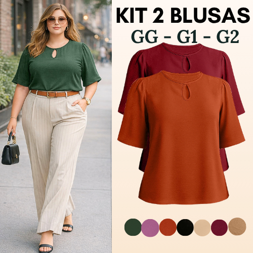 KIT 2 BLUSA FEMININA PLUS SIZE ELEGANTE BLUSAS FEMININO MODA BÁSICA SOLTINHA ESTILOSA BLUSINHA CONFORTÁVEL MODERNA