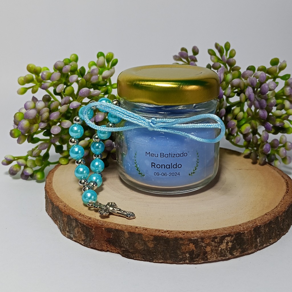 1 Lembrancinha Vela Perfumada Azul com mini terço para Batizado, Crisma ou Primeira Comunhão