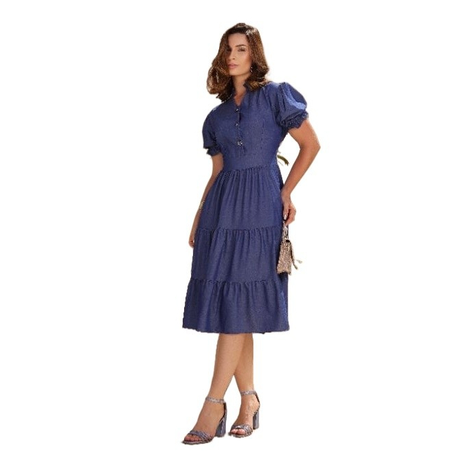Vestido Midi Três Marias Jeans Leve Tencel Moda Evangélico Botões Manga Princesa Culto Casual