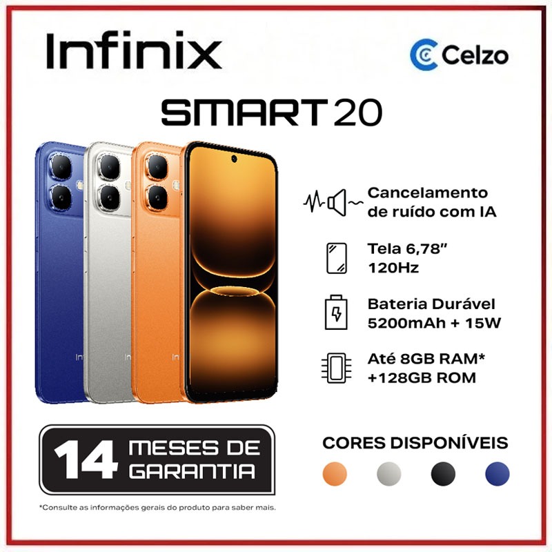 Infinix Smart 20 4 GB RAM + 128 GB | Bateria 5200 mAh | Ultra-fino 7,7 mm | Tela 6,78" | 120 Hz | Câmera 8 MP