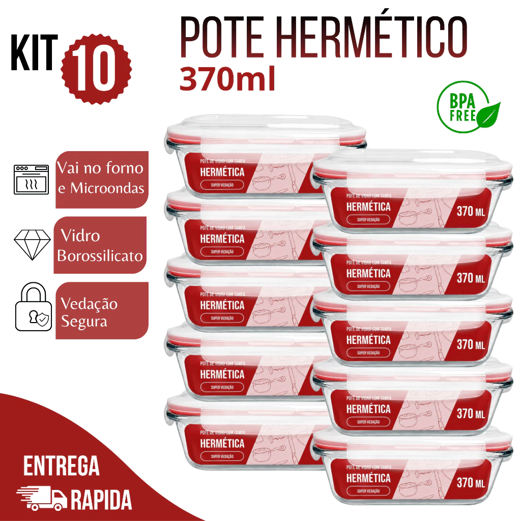 Kit 10 Potes Herméticos de Vidro 370ml Marmita com Tampa Forno e Micro-ondas