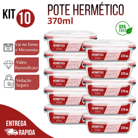 Kit 10 Potes Herméticos de Vidro 370ml Marmita com Tampa Forno e Micro-ondas