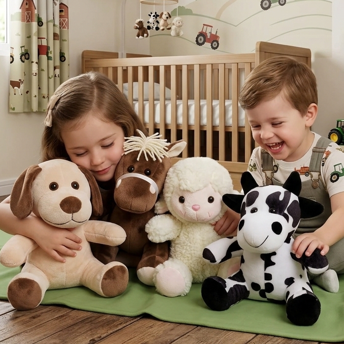 Kit Com 04 Bichos De Pelúcia Fazendinha Antialérgicos 25 Cm Cachorro Ovelha Vaca E Cavalo