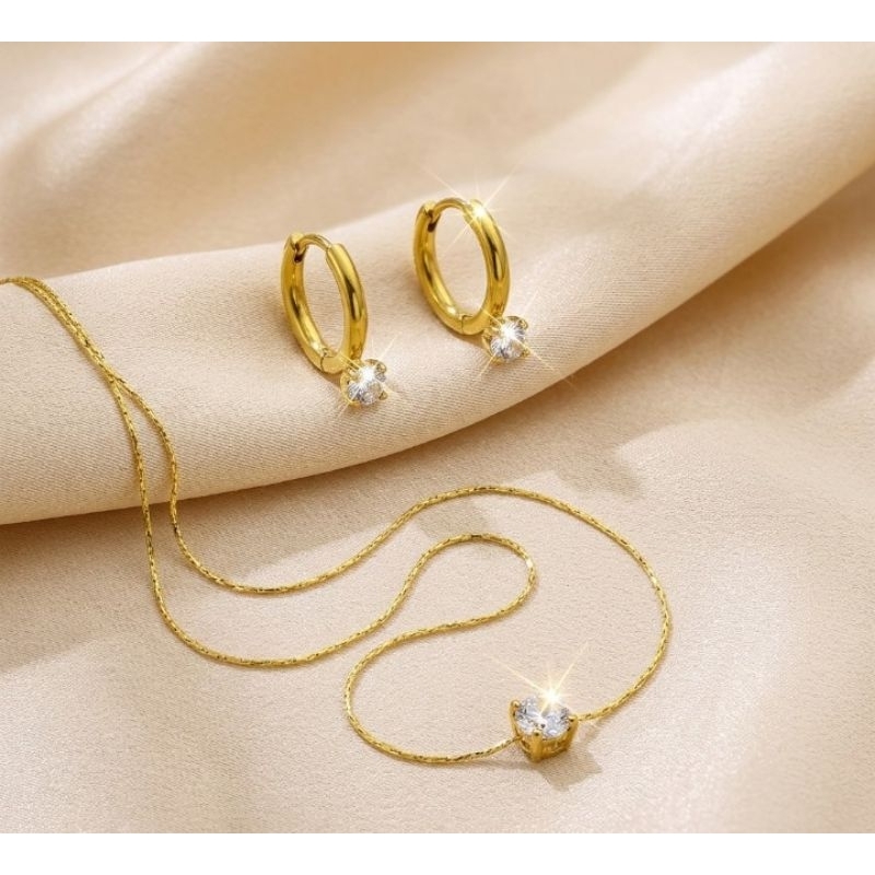Kit Colar Ponto de Luz + Brincos Argola Feminino Aço Inoxidável Dourado Antialérgico