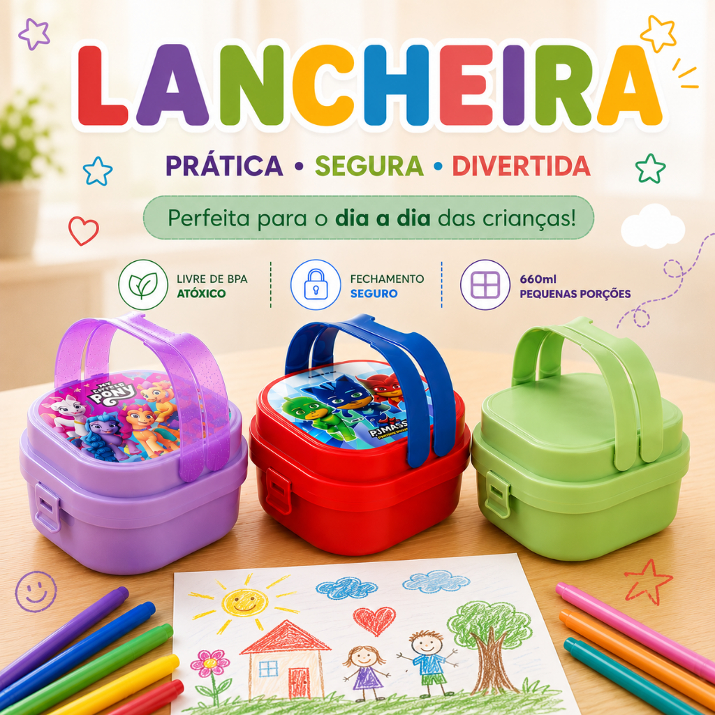 Marmita Infantil Escolar com Alça e Divisória Pote Lancheira Saudável Plasvale Livre BPA