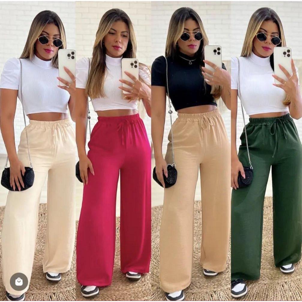 CALÇA PANTALONA COM BOLSO LATERAIS ELASTICO NA CINTURA FEMININA