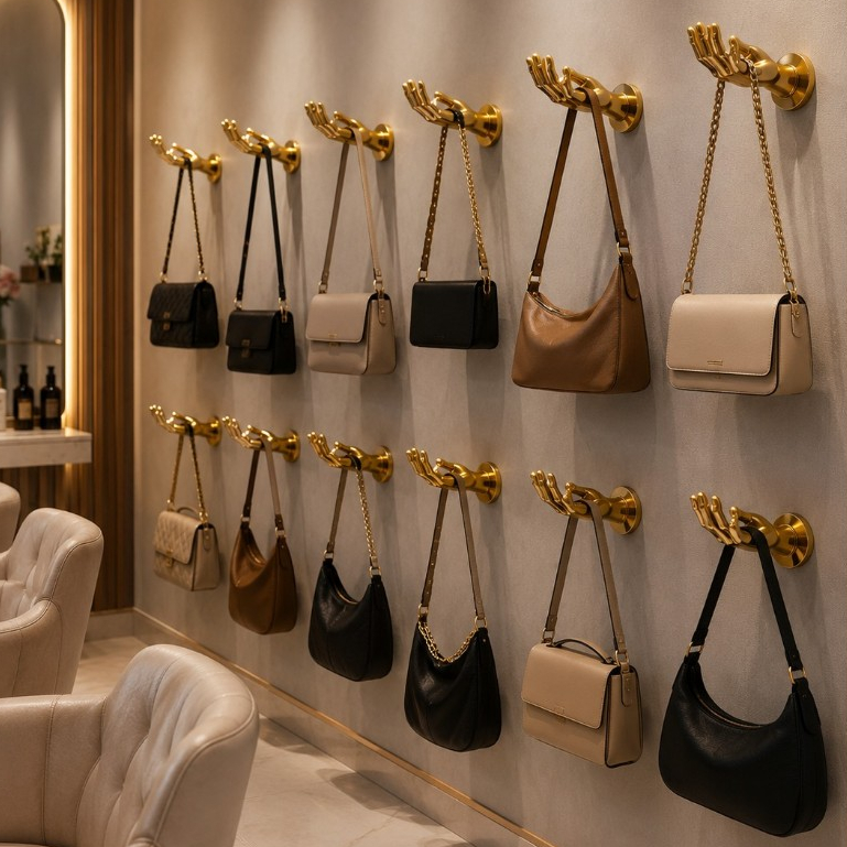 Porta-bolsas Suporte de bolsas sacolas Cabide Cabideiro Gancho de parede Luxo Elegancia Salão Estética Cabeleleira