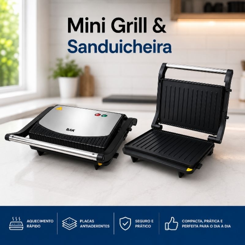 Mini Grill e Sanduicheira BAK, Eletroportátil, Versátil, Compacto e Funcional