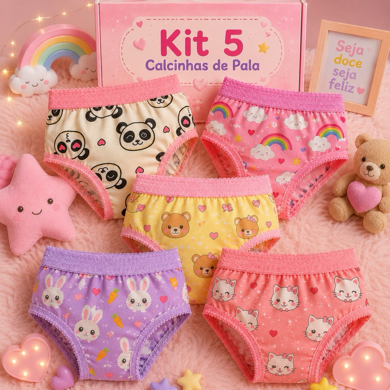 kit 5 Calcinha Infantil de Algodão com Forro de Pala Cos Elástico Menina Estampada
