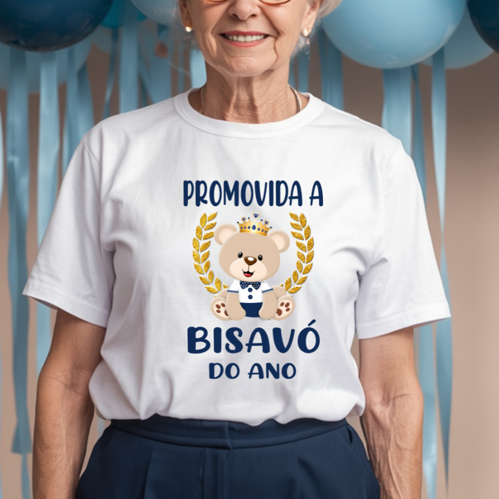 Camiseta Adulto PROMOVIDA A BISAVÓ DO ANO Ursinho Príncipe Realeza Azul marinho -  Chá de bebê ZLprint