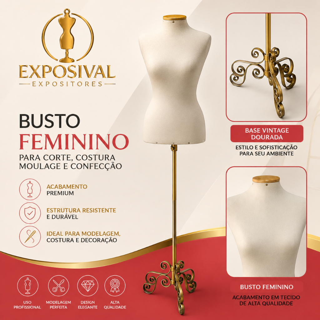 1 Busto Manequim Feminino Para Corte Costura Moulage Confecção com Base Pedestal vintage dourada Vitrine Loja