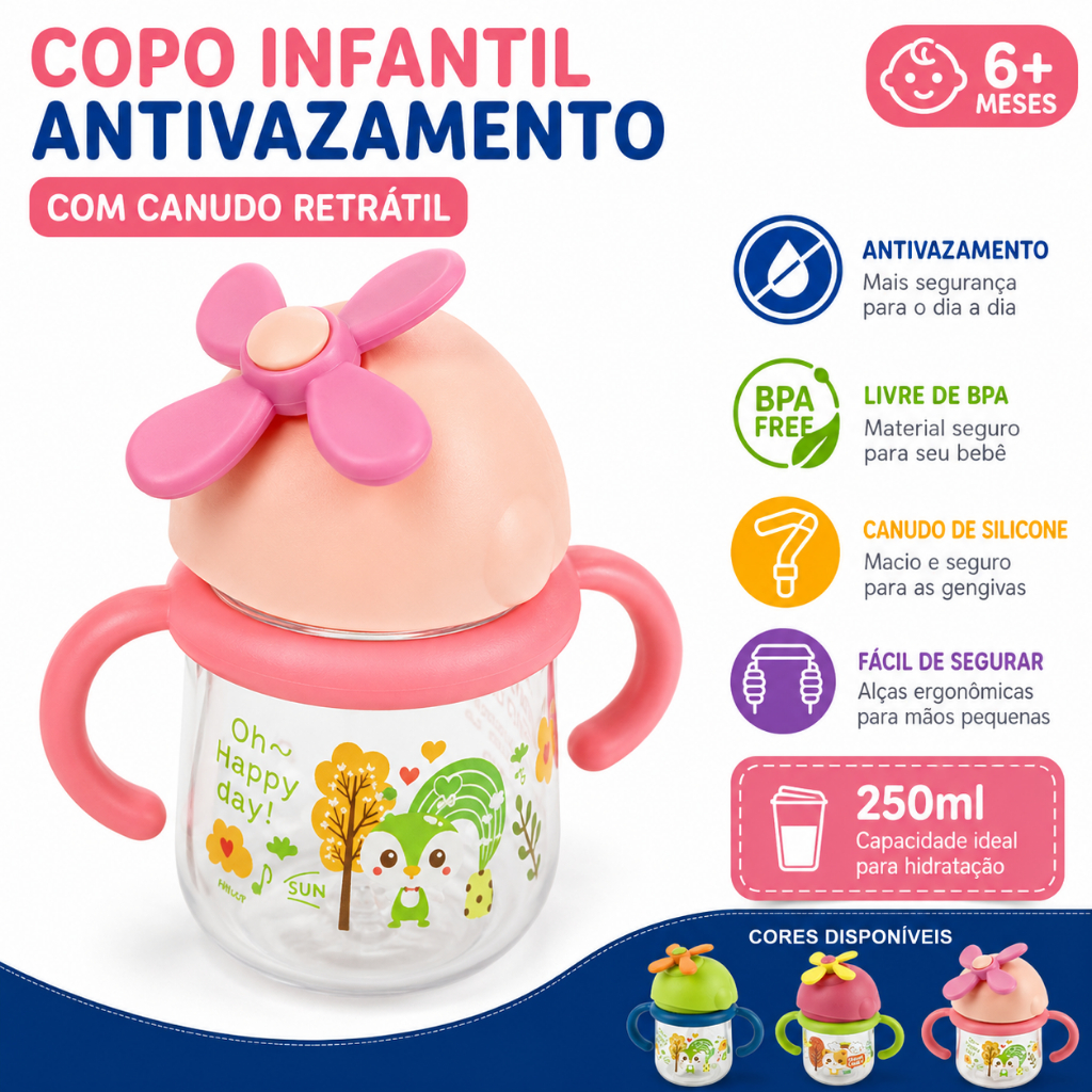 Copo Infantil 250ml Com Canudo Retrátil | Copo Treinamento Bebê Antivazamento BPA Free