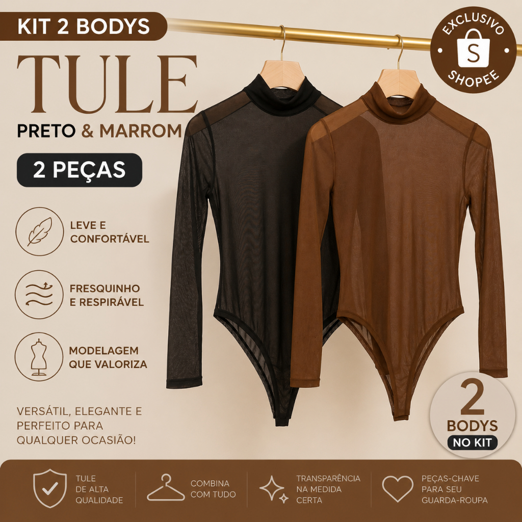Conjunto Kit 2 Body Tule Feminino Manga Longa Transparente Gola Alta Moda Gringa Sensual Premium