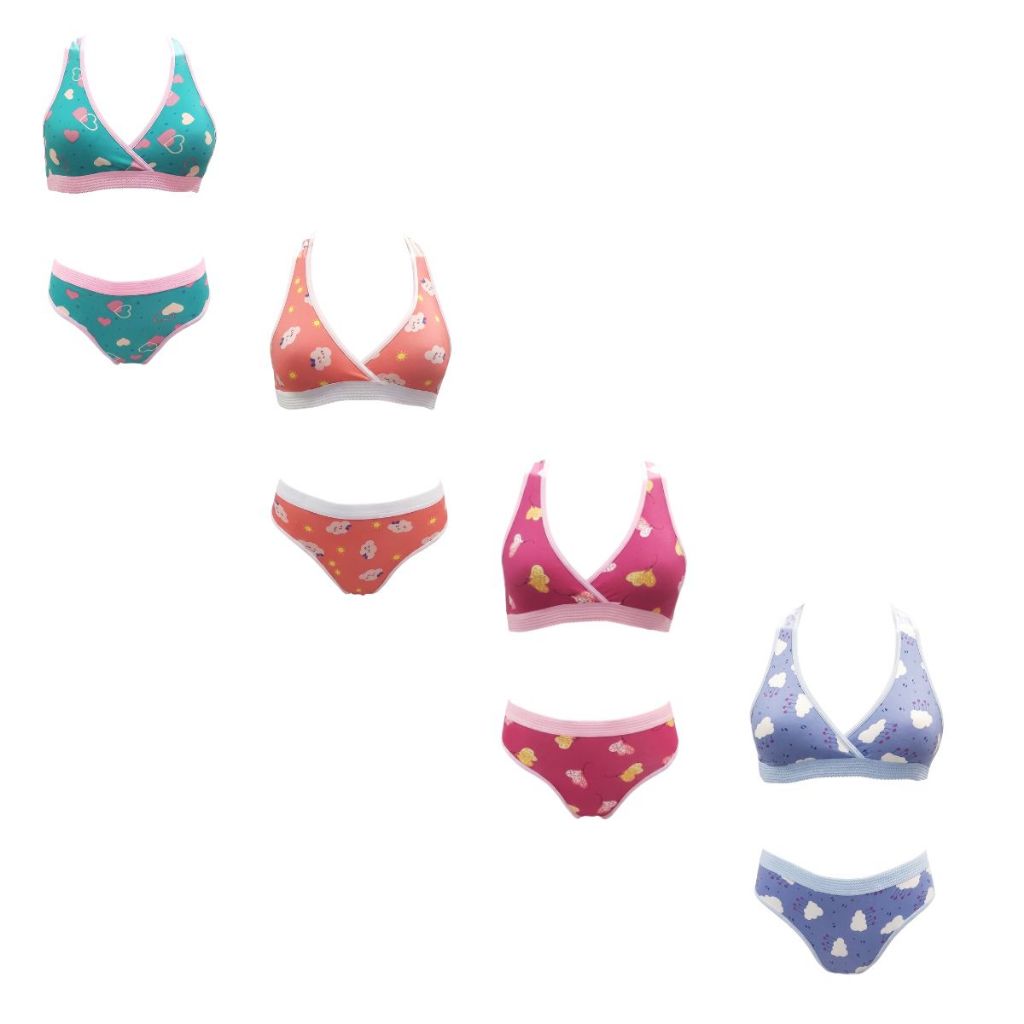 Kit 4 Conjuntos Estampado Infantil Calcinha Top Poliéster Menina Moça Confortável Básico