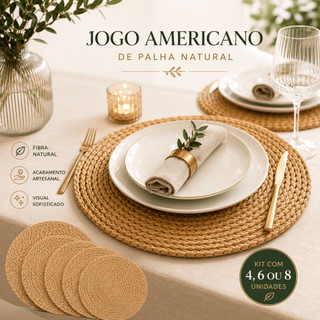 Kit 4/6/8 Jogos Americanos De Palha Natural Sousplat Rústico Redondo Mesa Posta Jantar 38cm Prato
