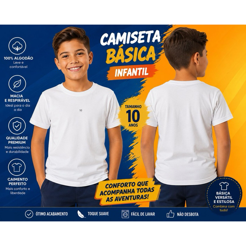 Camiseta Infantil Masculina Básica Lisa 100% Algodão Premium Confortável