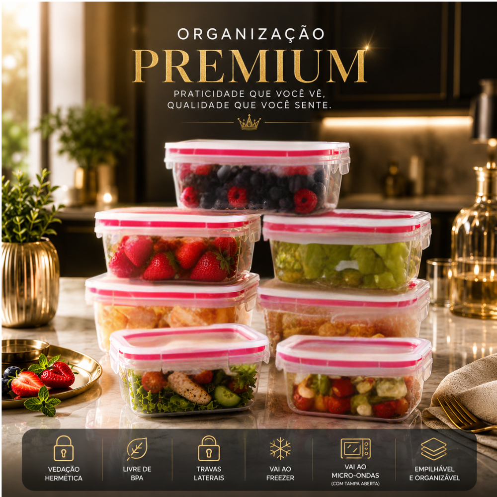 Kit Potes Herméticos Marmitas 360 ML Organizadores Cozinha Geladeira C/ Travas Alimentos Porta Frios