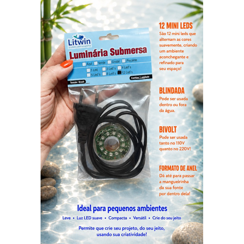 LUZ 12 LEDS COLORIDOS A PROVA D'ÁGUA 110V/220V BIVOLT DECORATIVA