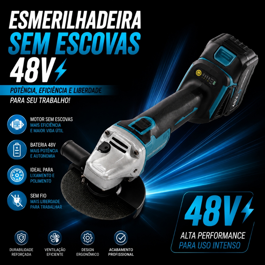 Esmerilhadeira 48V Sem Fio Duas Baterias 2em1 Lixa e Polimento Resistente