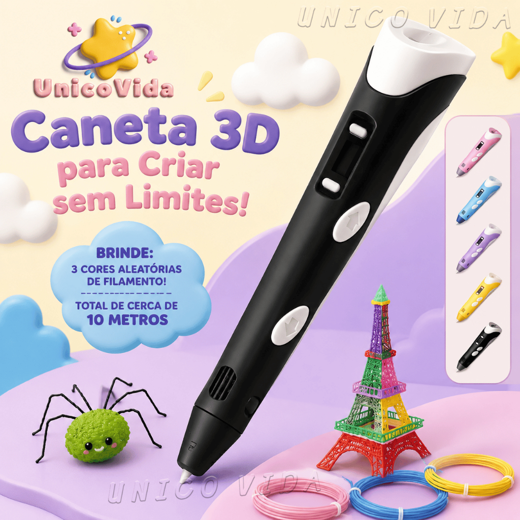 Caneta 3D para Crianças com LCD + 10m Filamento Brinquedo Educativo Presente Infantil | UnicoVida