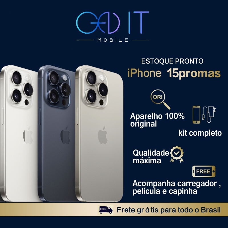 Três unidades do iPhone 15 Pro Max em cores diferentes, exibindo o conjunto de câmeras traseiras e o design lateral, ao lado de ícones que indicam o kit completo com carregador, película e capinha.