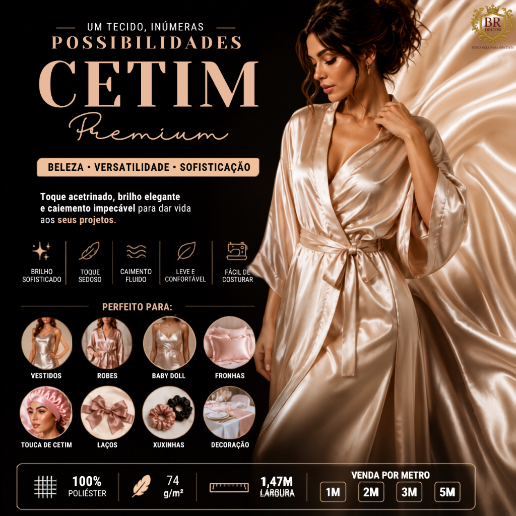 Tecido Cetim Premium Por Metro 1,47m Largura Toque Sedoso Brilho Acetinado Para Vestidos Robes e Decoração