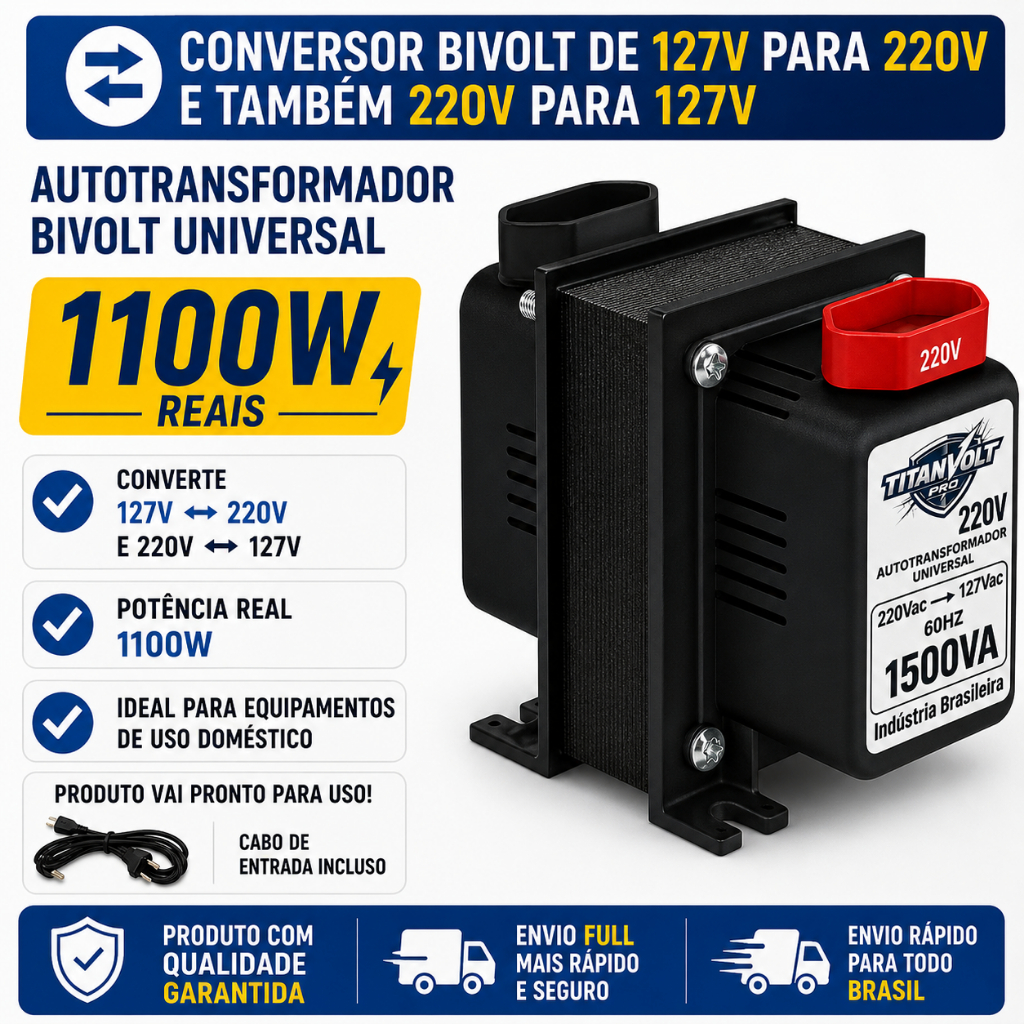 Auto Transformador 1500va 110v P/ 220v 220v P/ 110v Conversor Energia TITAN Volt Pro 1.100 Wats