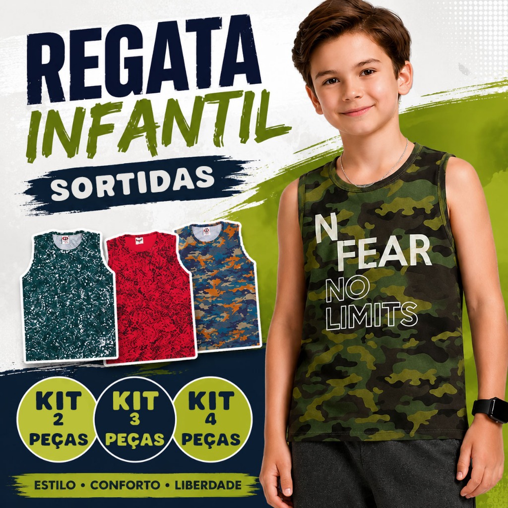 Regata Infantil Menino Estampada Sortida Kit com 2, 3 ou 4 Peças Tamanho 4 ao 10
