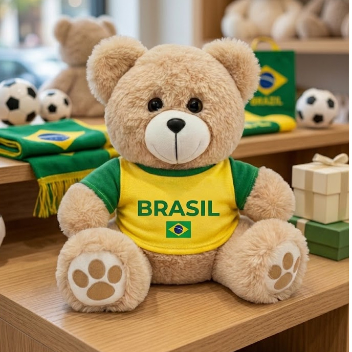 Urso de Pelúcia camiseta Brasil Personalizado 28cm com nome e numero personalizado copa do mundo 2026 camiseta do Barsil