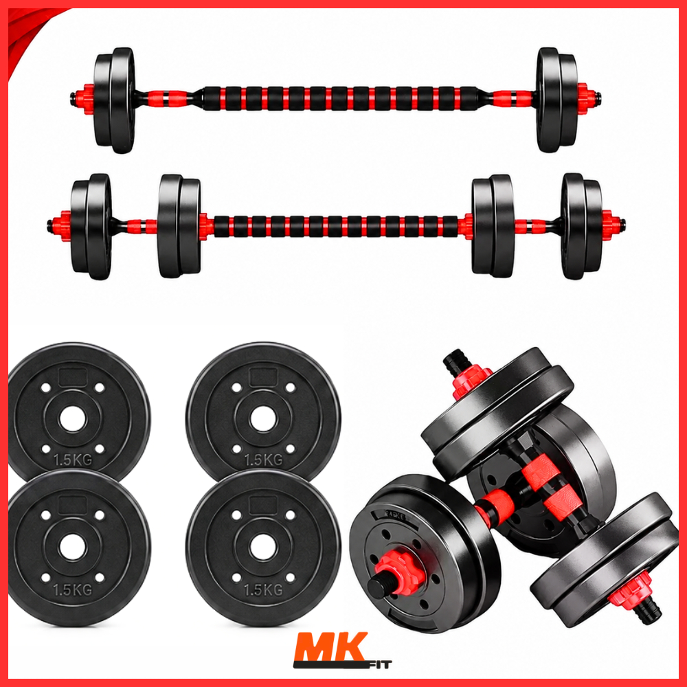 Kit 9 Em 1 Musculação 15kg Halteres Anilhas Barras Supino Ajustáveis Academia Treino em Casa