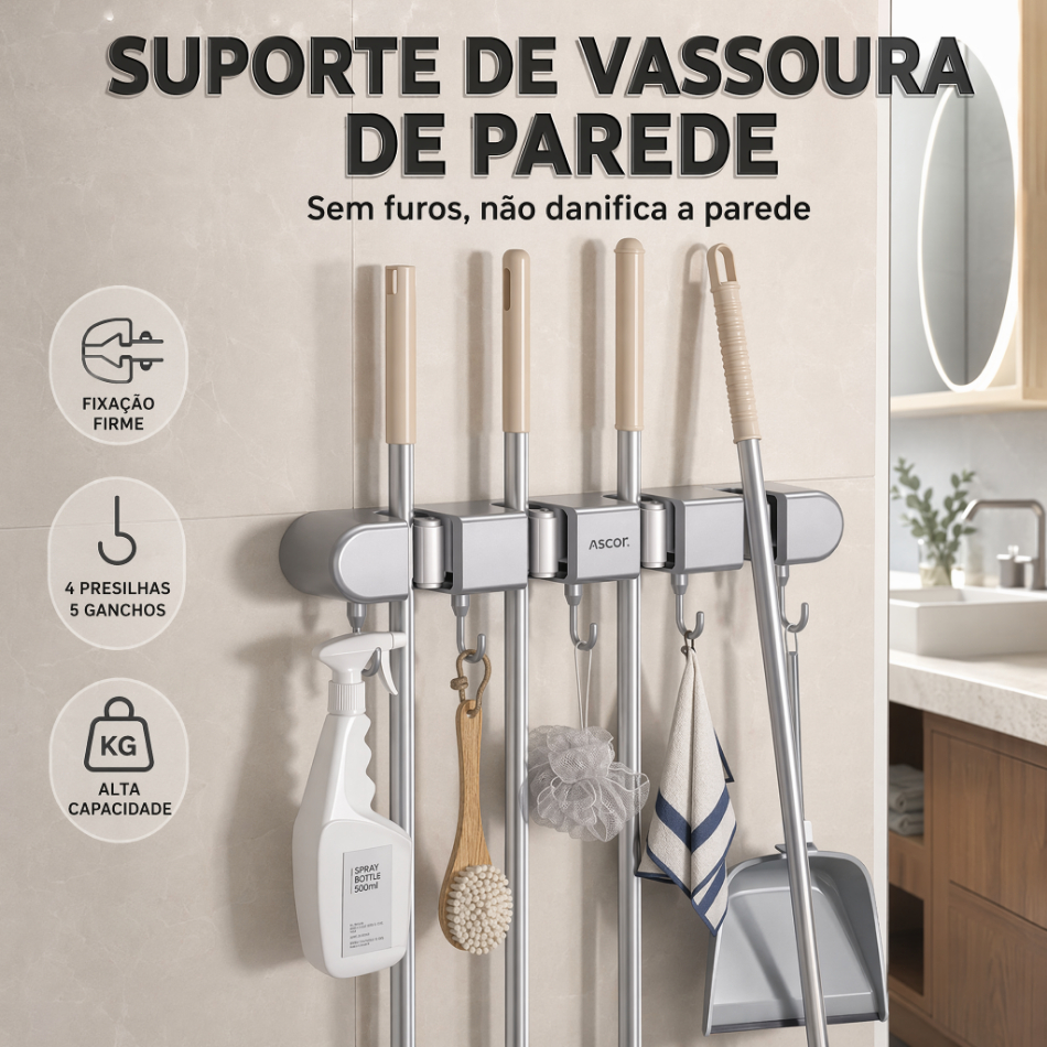 Suporte de Vassoura Sem Furos para Parede com 4 Presilhas e 5 Ganchos, Organizador de Limpeza Alta Capacidade
