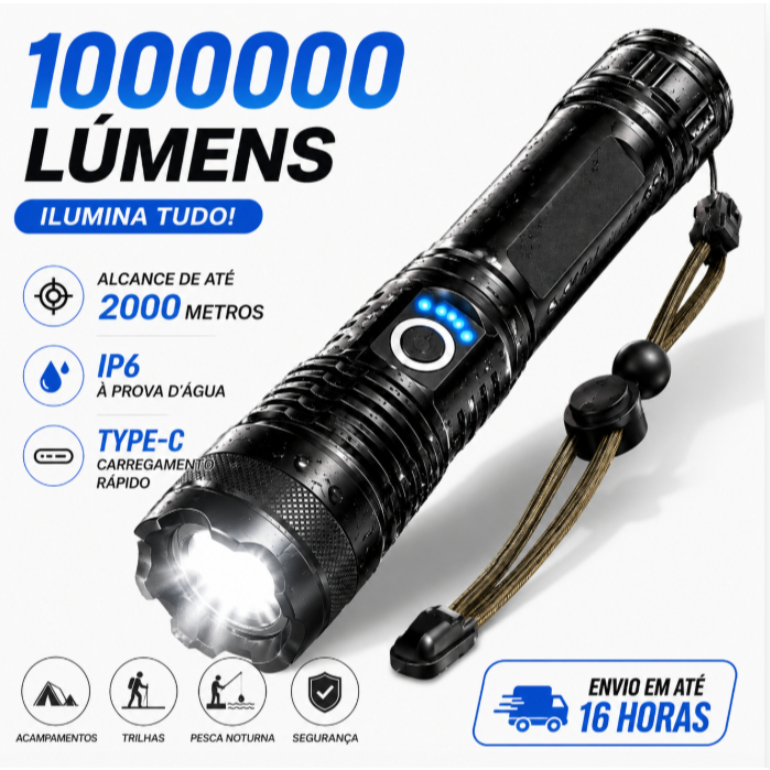 Lanterna Tática LED Super Potente 1000000 Lúmens Recarregável USB-C Zoom Alcance 2000m IPX6 Modo SOS Emergência