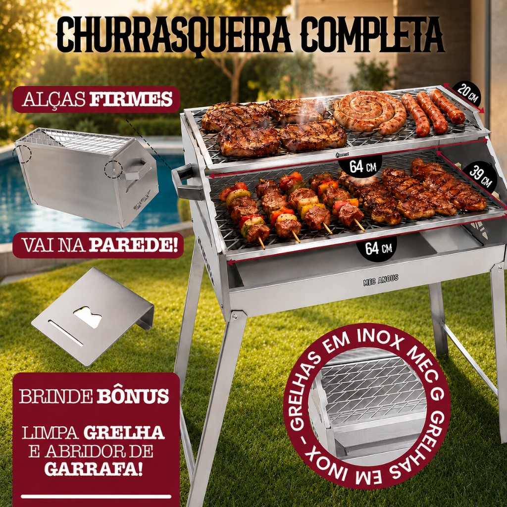 Churrasqueira Portátil a Carvão Aço Inox Galvanizado Desmontável Duas Grelhas Mec Angus 65X40