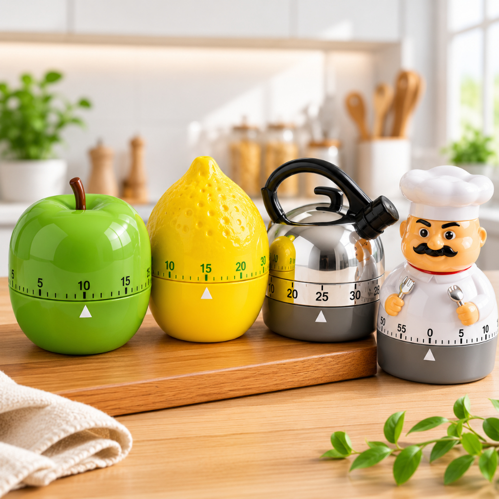 Timer de Cozinha Mecânico Criativo 4 Modelos – Maçã, Limão, Chaleira e Chef
