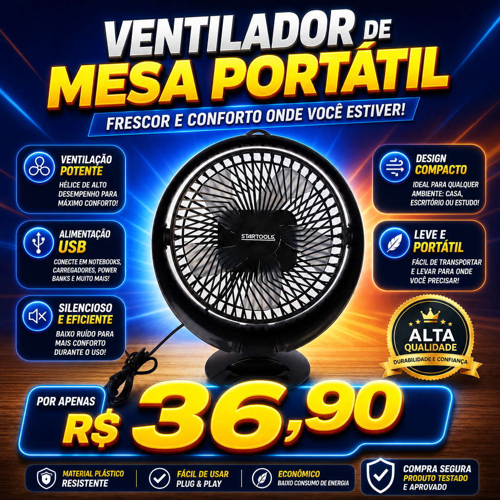 Ventilador Mesa Portátil Refresca Alivia Calor Escritório Casa Viagem USB Compacto Silencioso