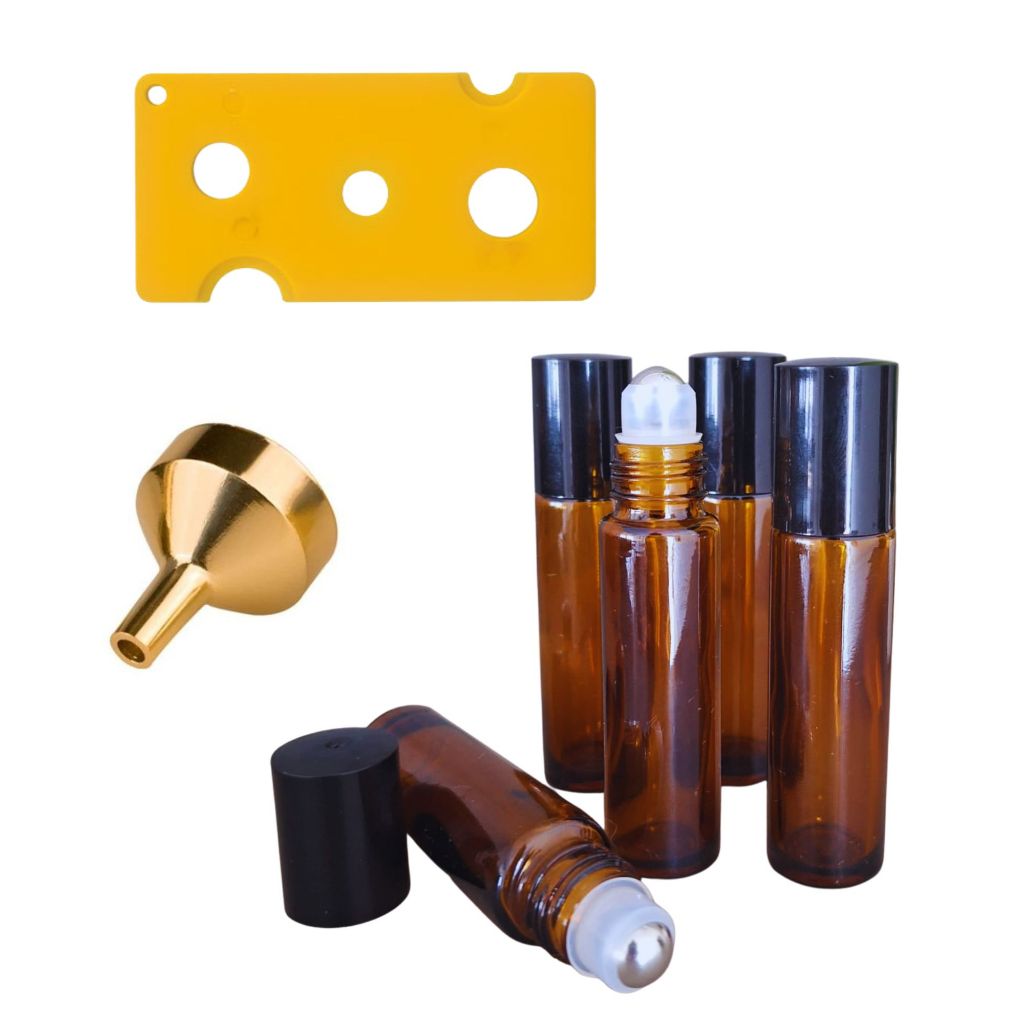 Kit 5 Frasco Rollon 10ml Vidro Âmbar + 1 Mini Funil + 1 Abridor de Frascos Aromaterapia Essenciais