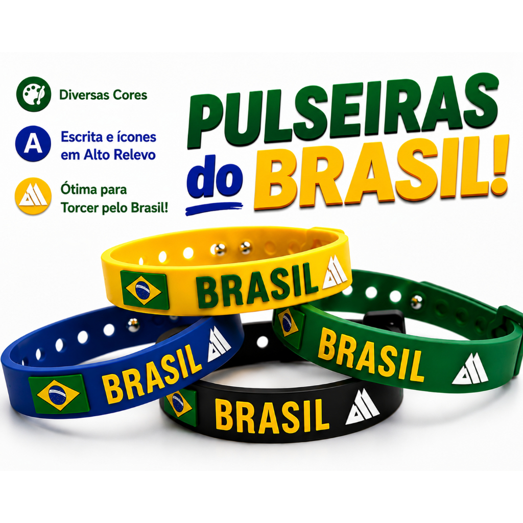 Kit Pulseiras Silicone Brasil Copa do Mundo feminina e Masculino Ajustável ao Pulso Torcedor Eleição Seleção Brasileira