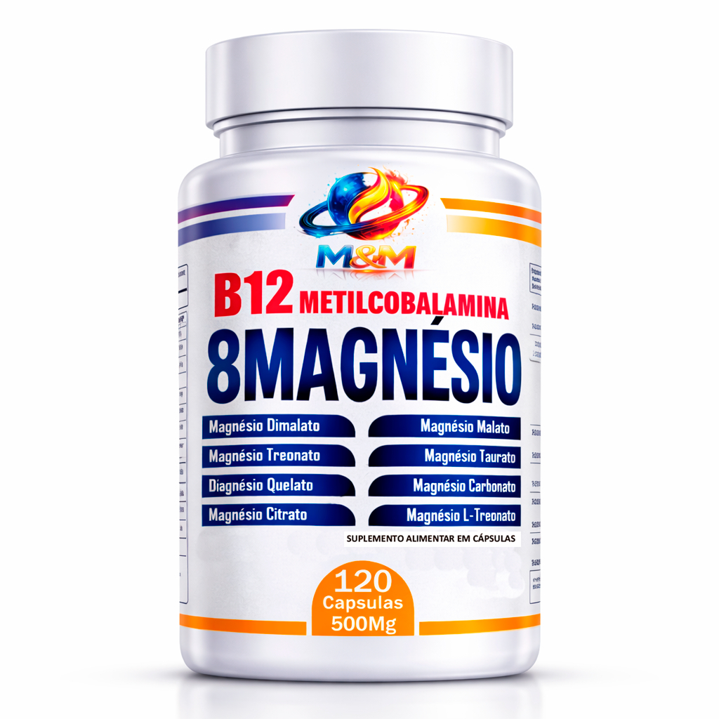 B12 Metilcobalamina + 8 Magnésios Dimalato Quelato Treonato Bisglicinato 120 ou 60 Cápsulas