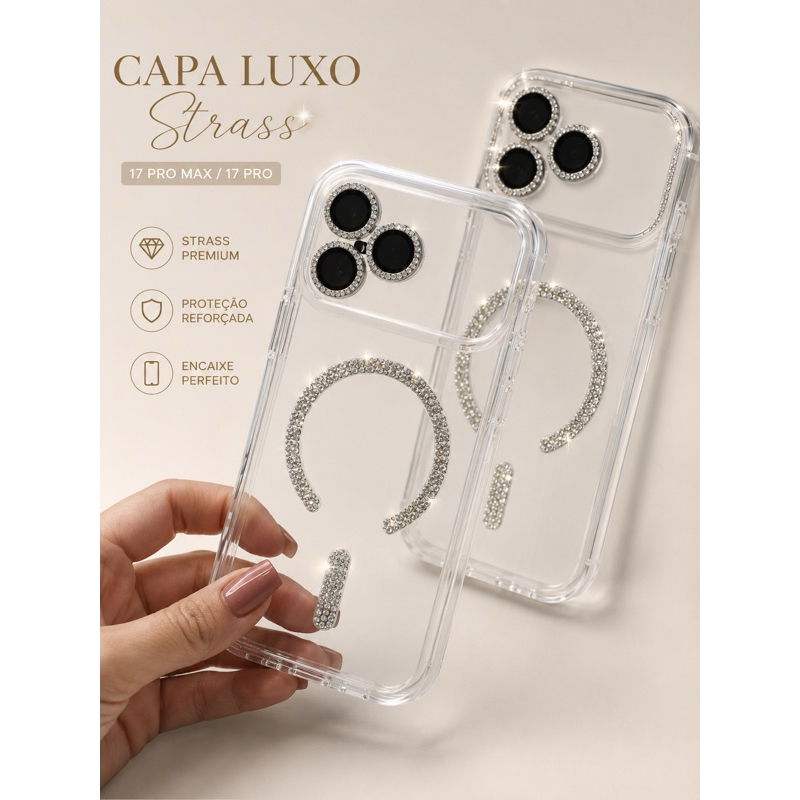 Capa luxo strass glitter linda em acrilica fica linda no aparelho compativel com 17 promax 17 pro