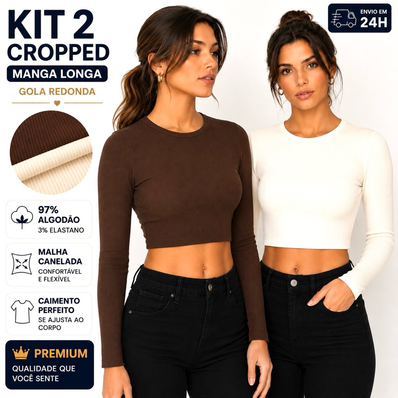 Kit 2 Cropped Manga Longa Canelado Algodão Inverno Ribana Canelada Croped Camisa Gola Redonda Manga comprida Feminina