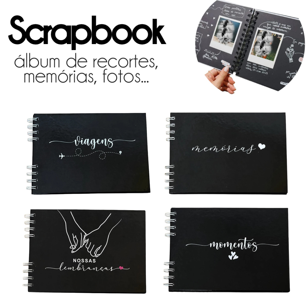 Álbum de Fotos Scrapbook A5, Folhas Pretas 180g, Tamanho 21,5cm x 15cm